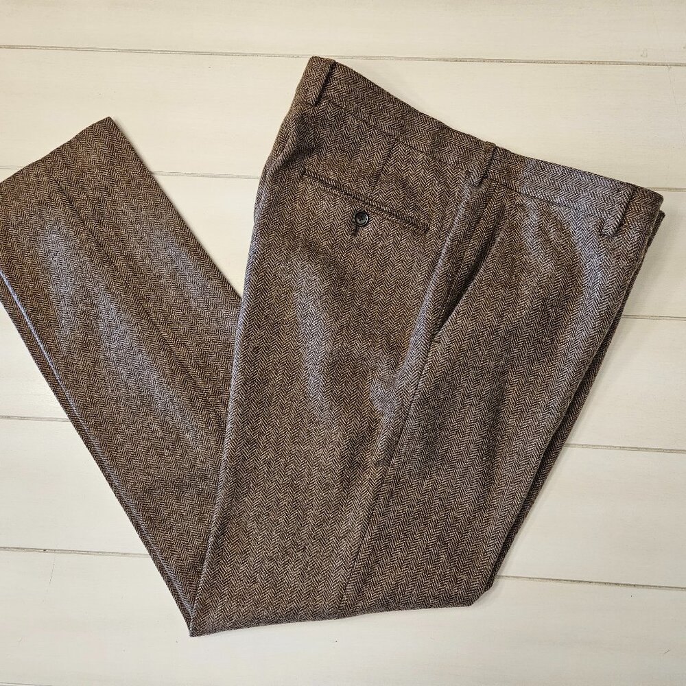 J.Crew Ludlow Brown Herringbone Wool-Cotton Blend Pants - Size 34/32